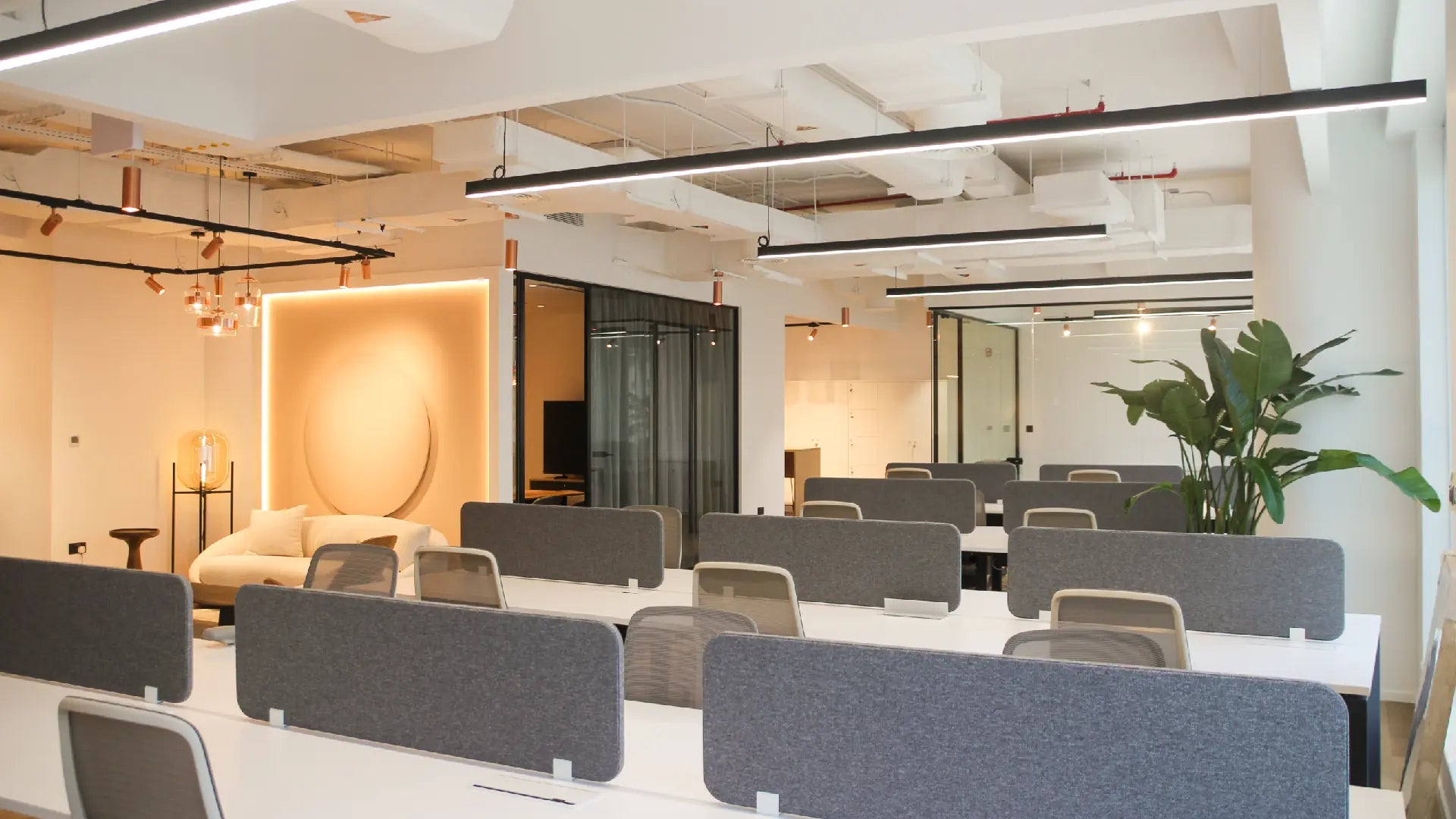 Modern Dubai co-working space with soft seating and open desk layout at Space1