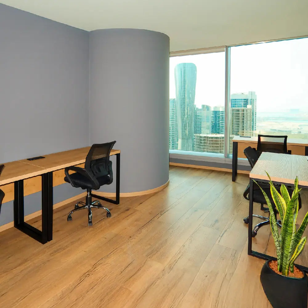 Spacious external office with panoramic Abu Dhabi views at The Work Oasis, ADGM.