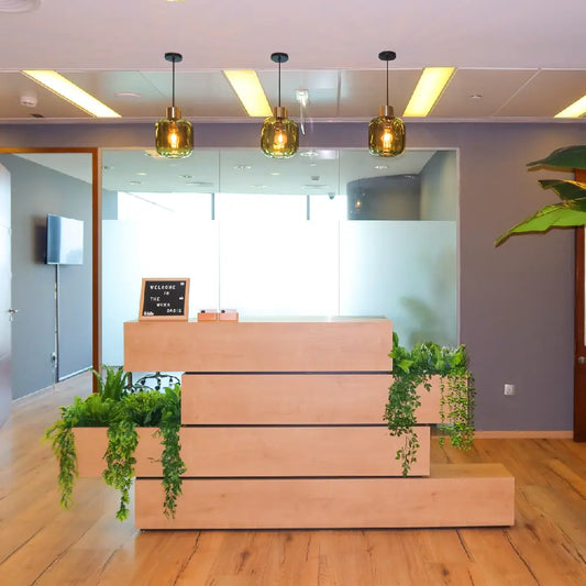Stylish reception area with wood accents and greenery at The Work Oasis, Sky Tower, Abu Dhabi.