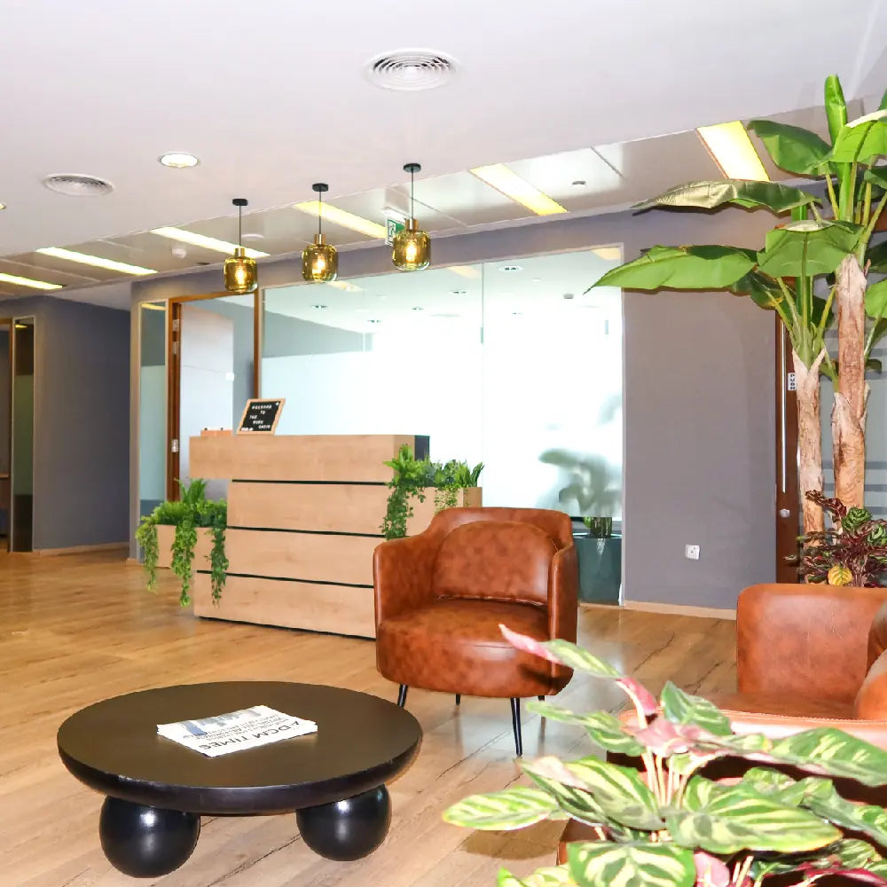 Reception with seating lounge and indoor plants at The Work Oasis, Sky Tower, ADGM.