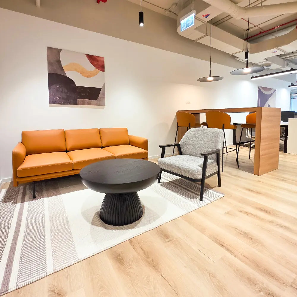 High-top 4-seat hot desk bar and sofa reception waiting area