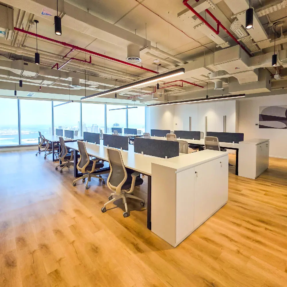 Wide angle of central workstation rows with modern design