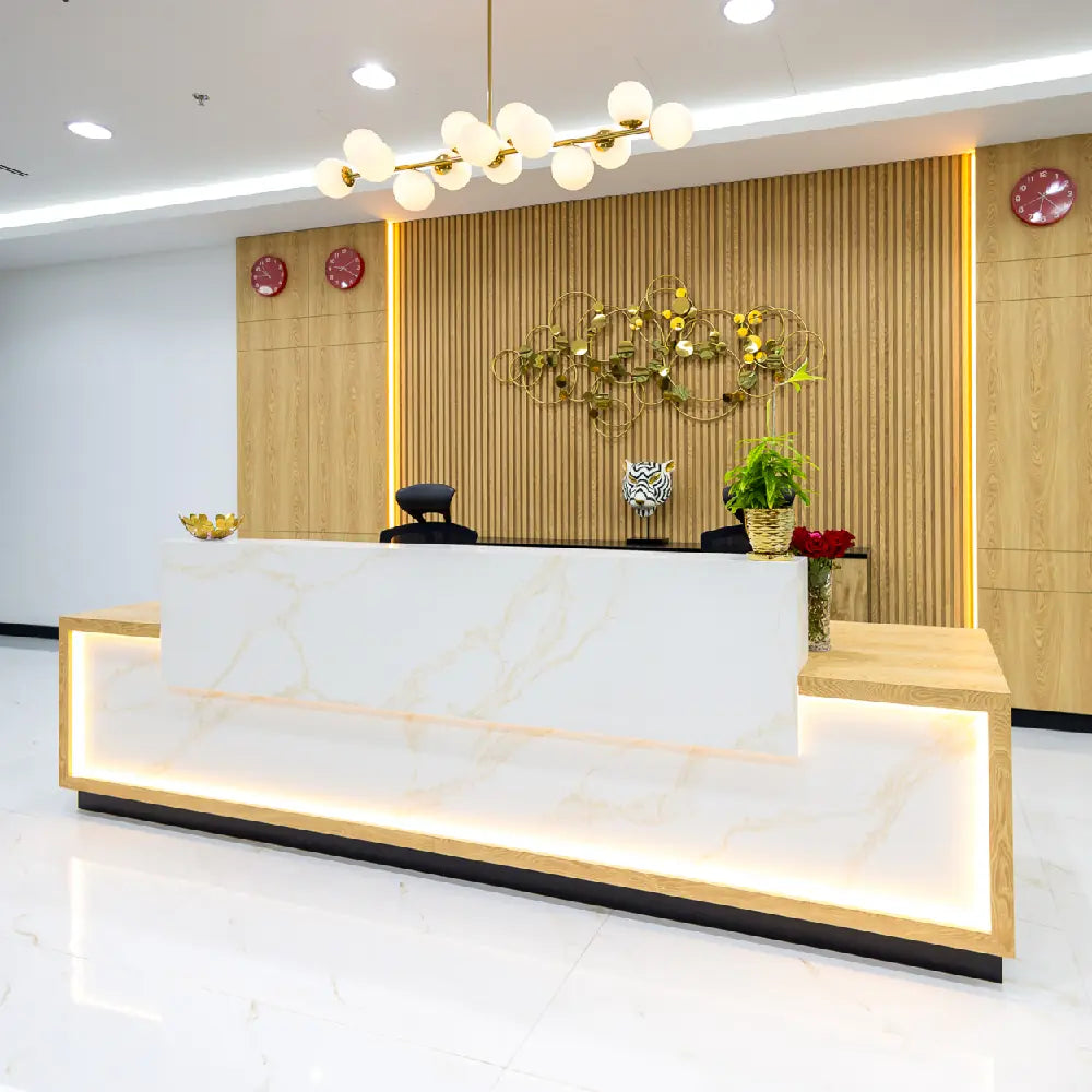 Professional reception desk and welcome area at Austria Business Center, Al Hudaiba Mall
