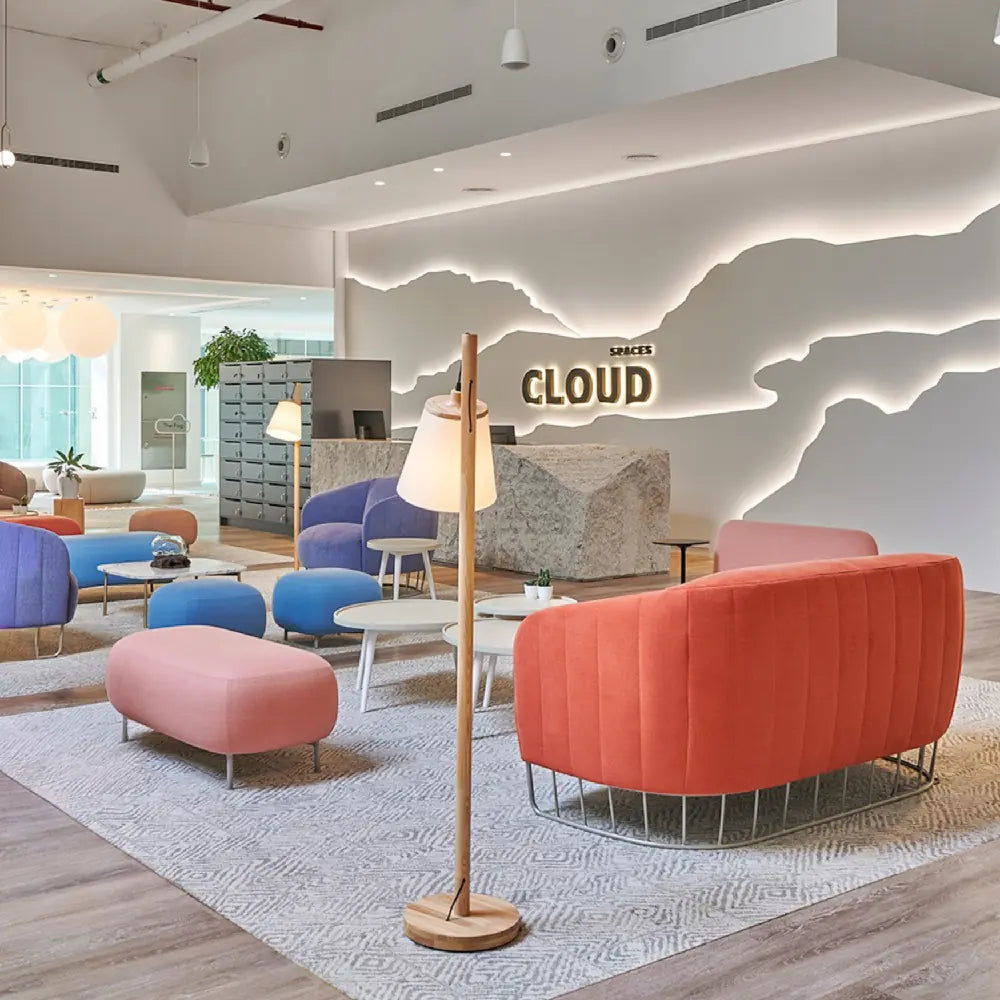 Cloud Spaces office collaborative lounge with colourful furniture in a relaxed but contemporary environment