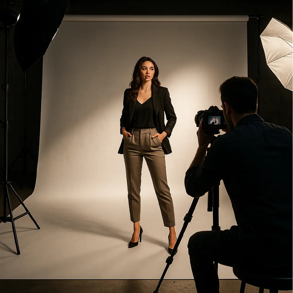 Model posing for a photographer in a studio setting with professional lighting equipment.