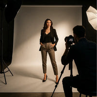 Model posing for a photographer in a studio setting with professional lighting equipment.