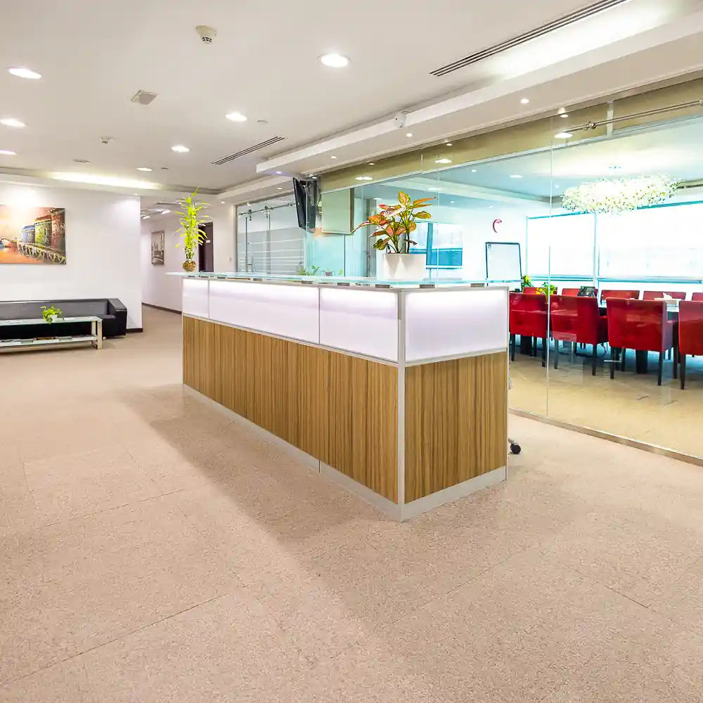 Professional reception area at Austria Business Center, Concord Tower, Dubai Media City.