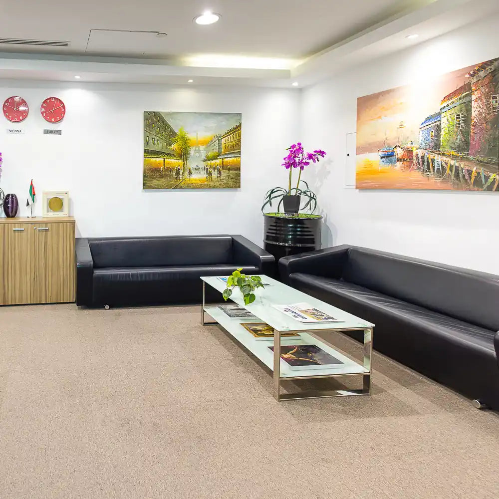 Modern waiting lounge with sofas at Austria Business Center, Concord Tower.