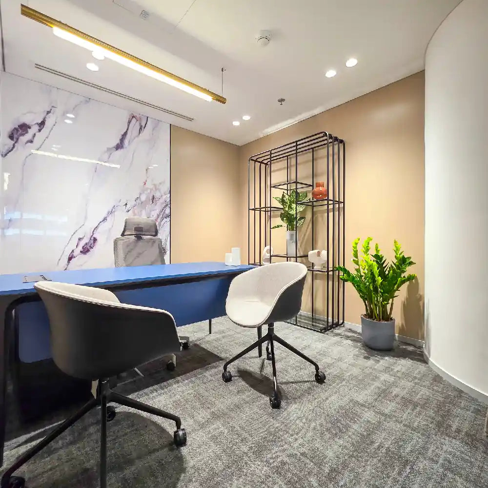 Executive office setup with privacy furnishings