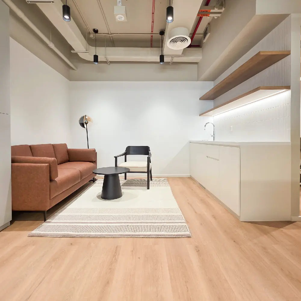 Modern lounge area with sofa, kitchenette, and relaxed ambiance