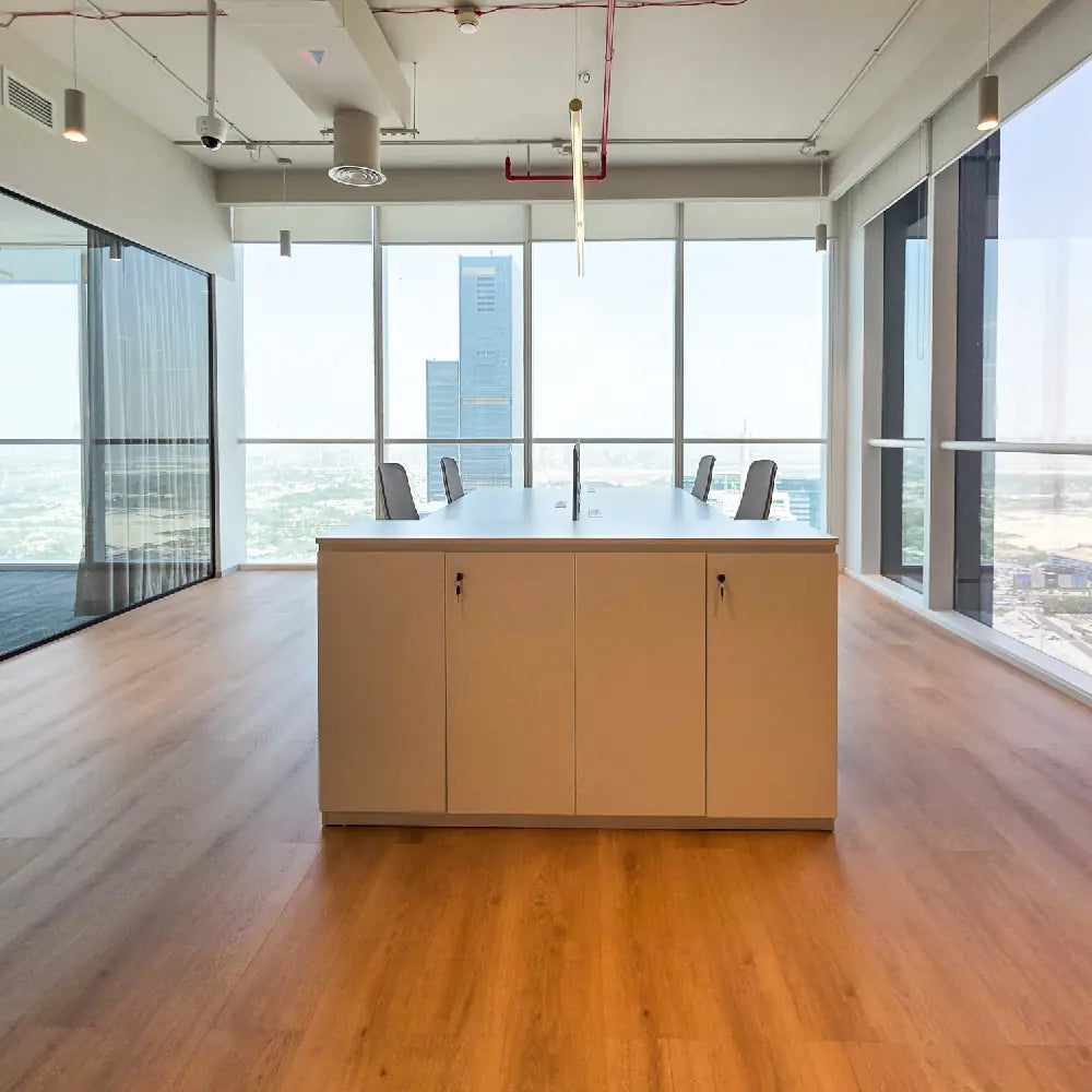 Marble-clad reception desk with corporate signage wall
