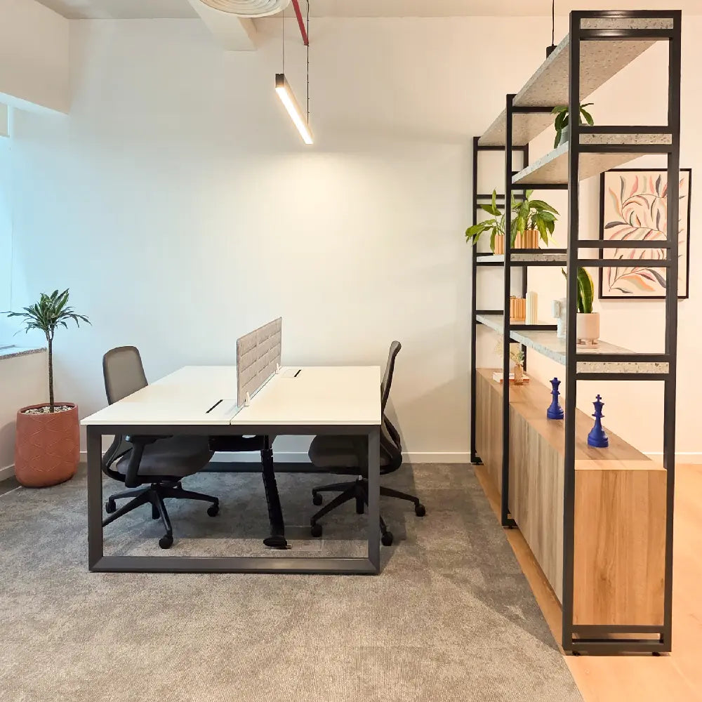 Two-person desk area near shelving partition and window in private office