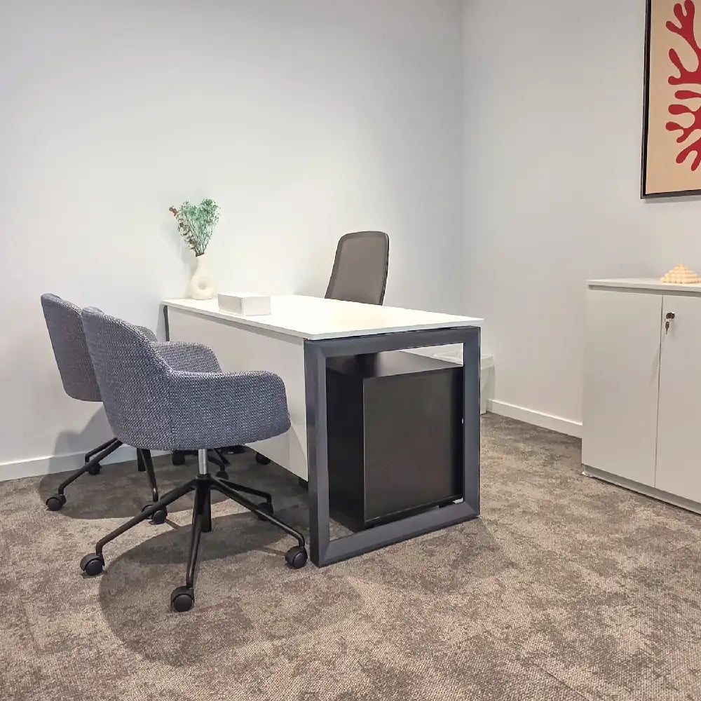 Executive MD office with desk, guest chairs, and minimalist decor