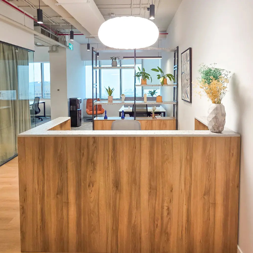 Front-facing reception area with shelving, lounge, and workspace views