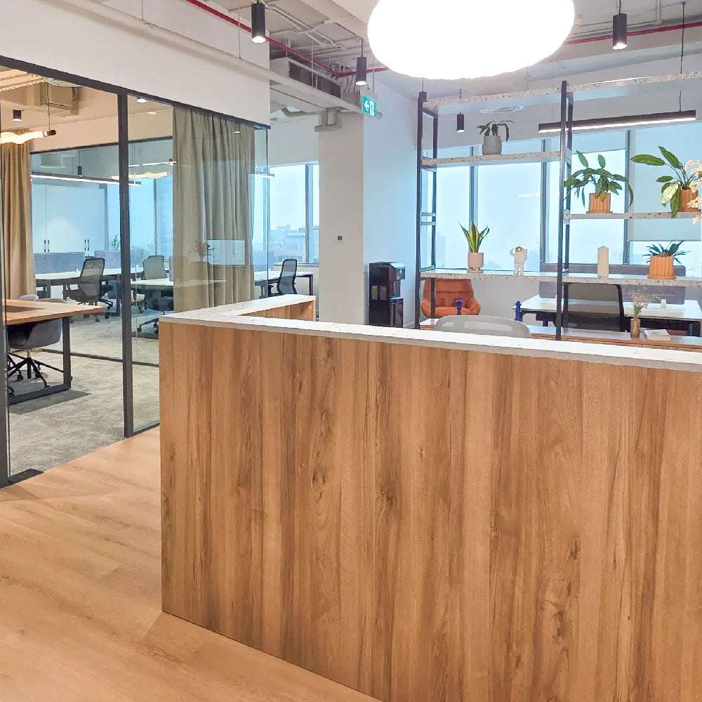 Reception counter with shelving, natural tones, and daylight backdrop