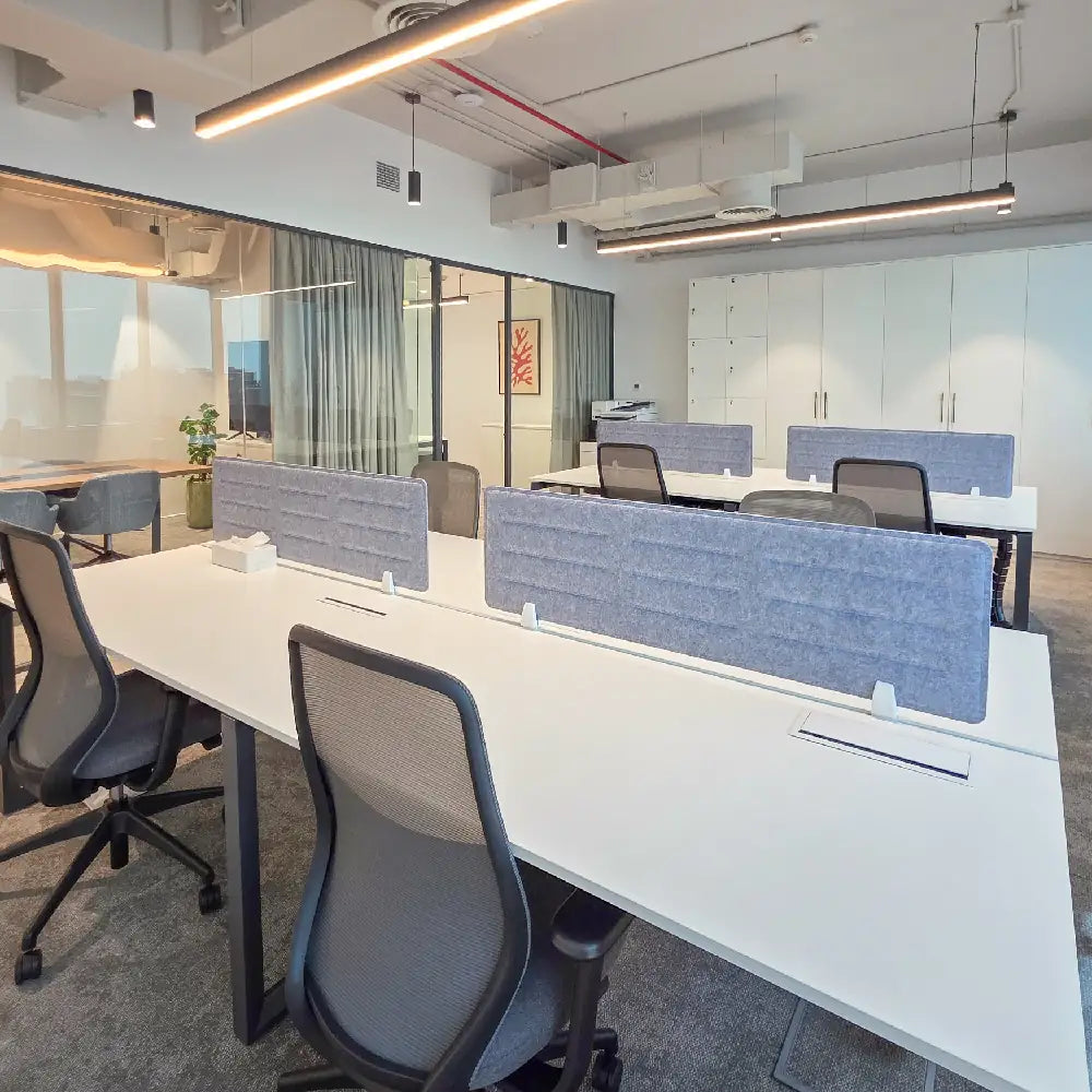 Ergonomic workstation layout with MD office and meeting room in view