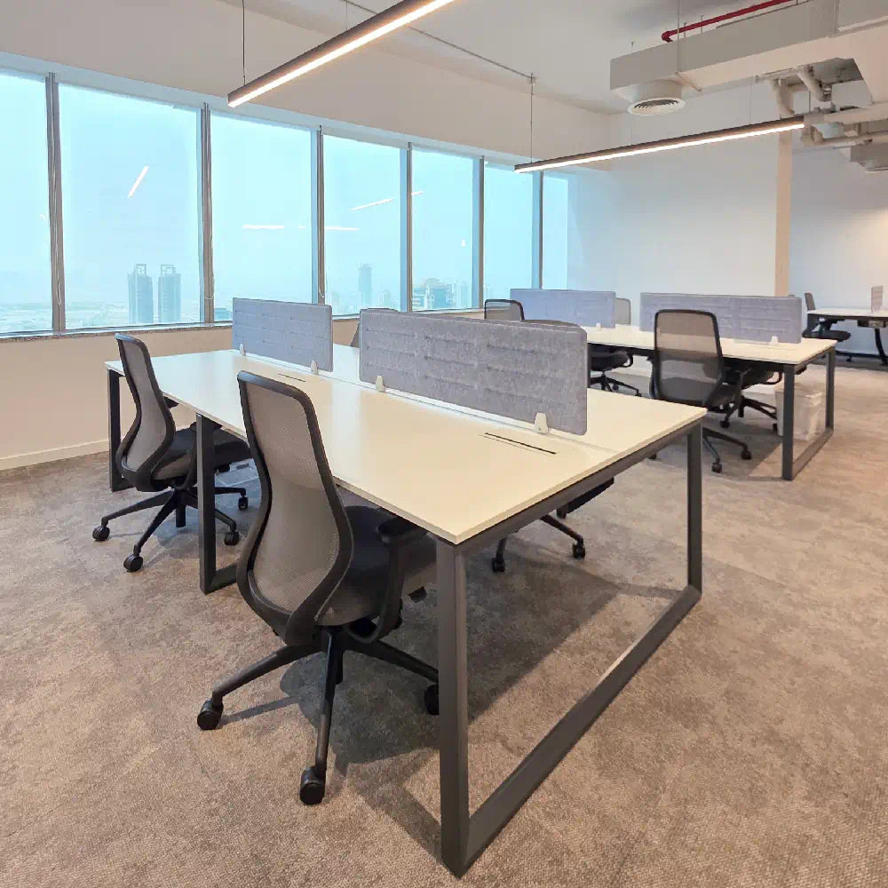 Private office desks facing windows with panoramic skyline visibility
