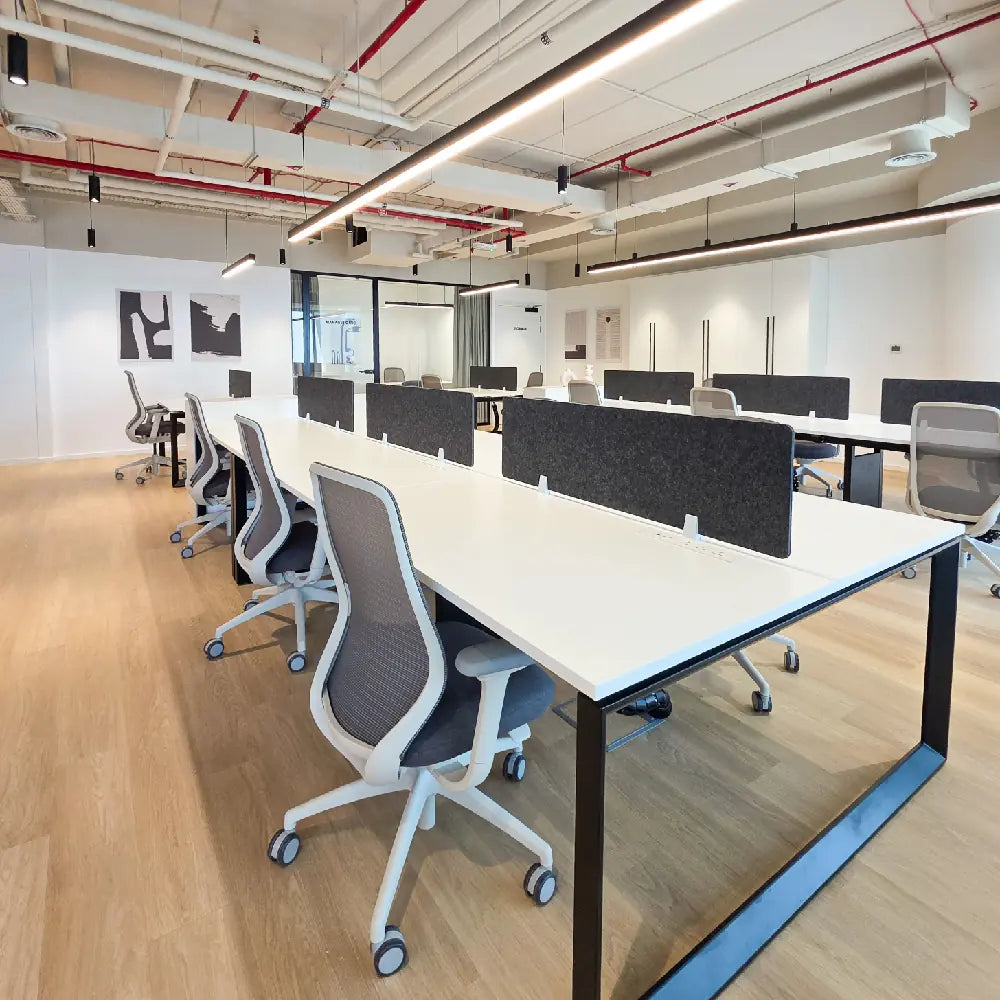 Open-plan workstation layout with natural light and clean lines