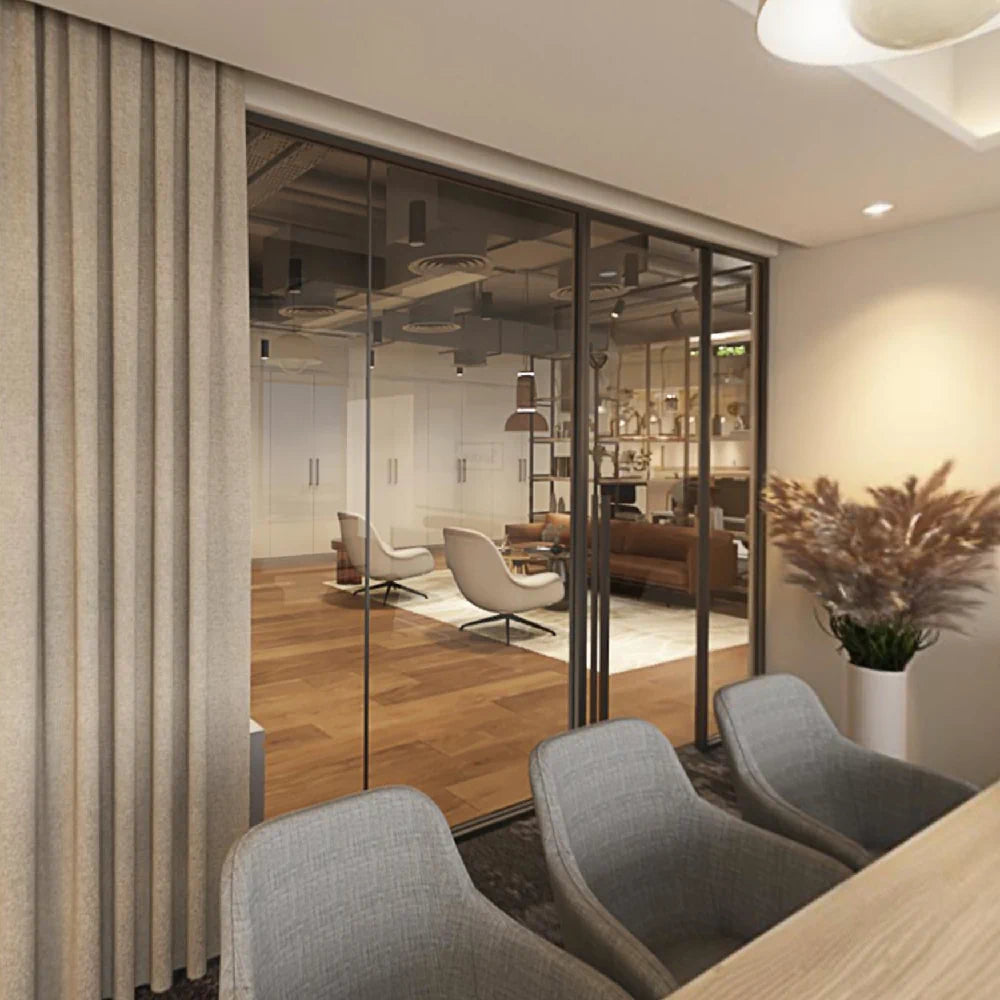 Lounge and waiting area viewed from inside the meeting room