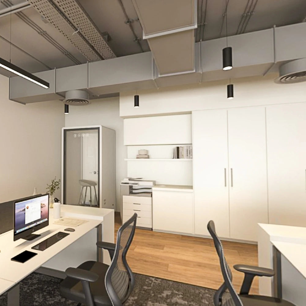 Cupboard storage and soundproof phone booth near workstations at SPACE1