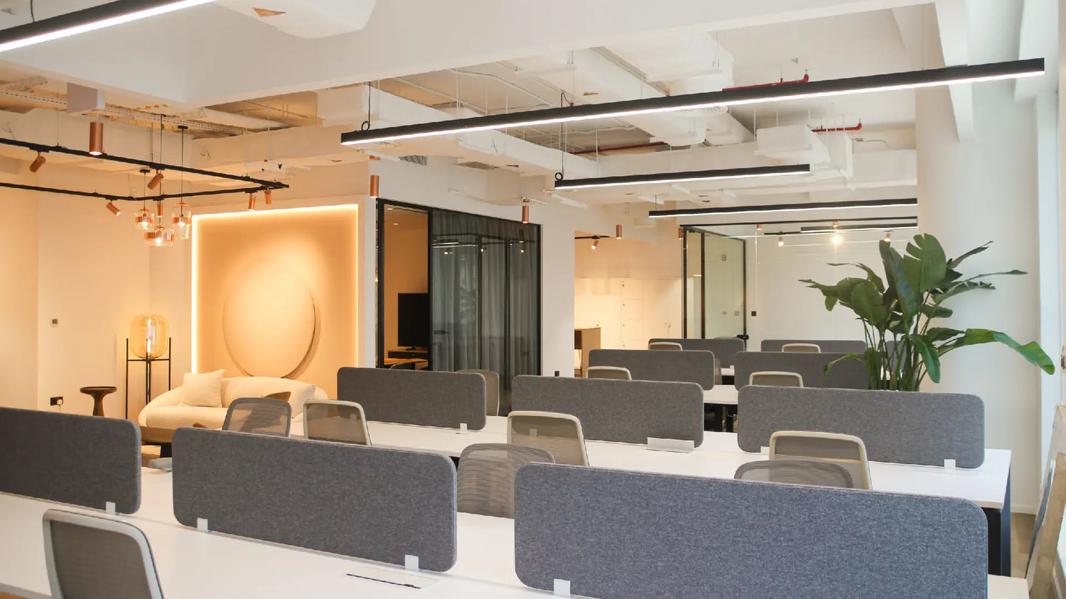 Modern Dubai co-working space with soft seating and open desk layout at Space1