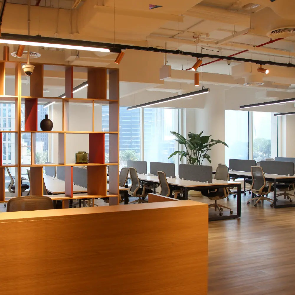 Reception desk with modern shelving partition at Space1 Office 6, Emaar Square