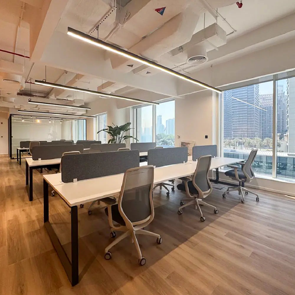 Spacious workstations at Space1 Office 7 with Downtown Dubai view
